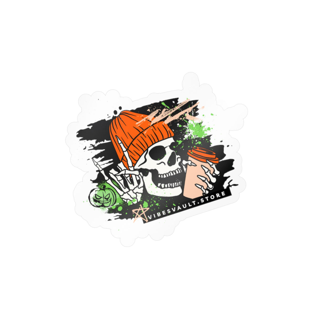 Skull Coffee Sticker — Halloween Skull with Beanie & Pumpkin Kiss-Cut Vinyl Decal— Halloween 2026