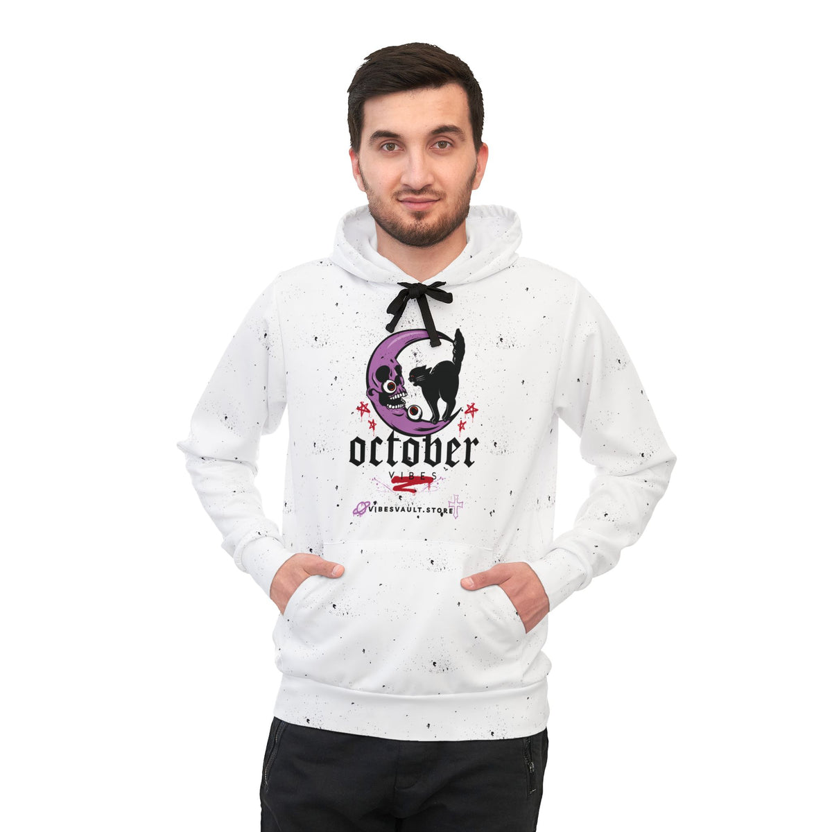 October Skull & Cat Hoodie — Halloween Moon Graphic Athletic Hoodie