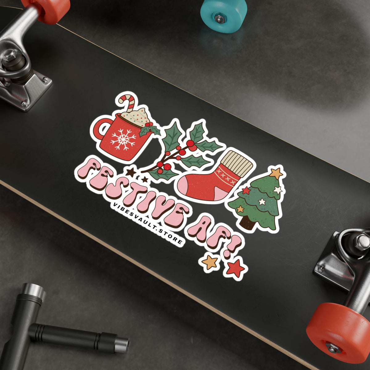 Christmas Sticker Festive AF — Holiday Kiss-Cut Vinyl Decals (Mug, Stocking, Holly & Tree)
