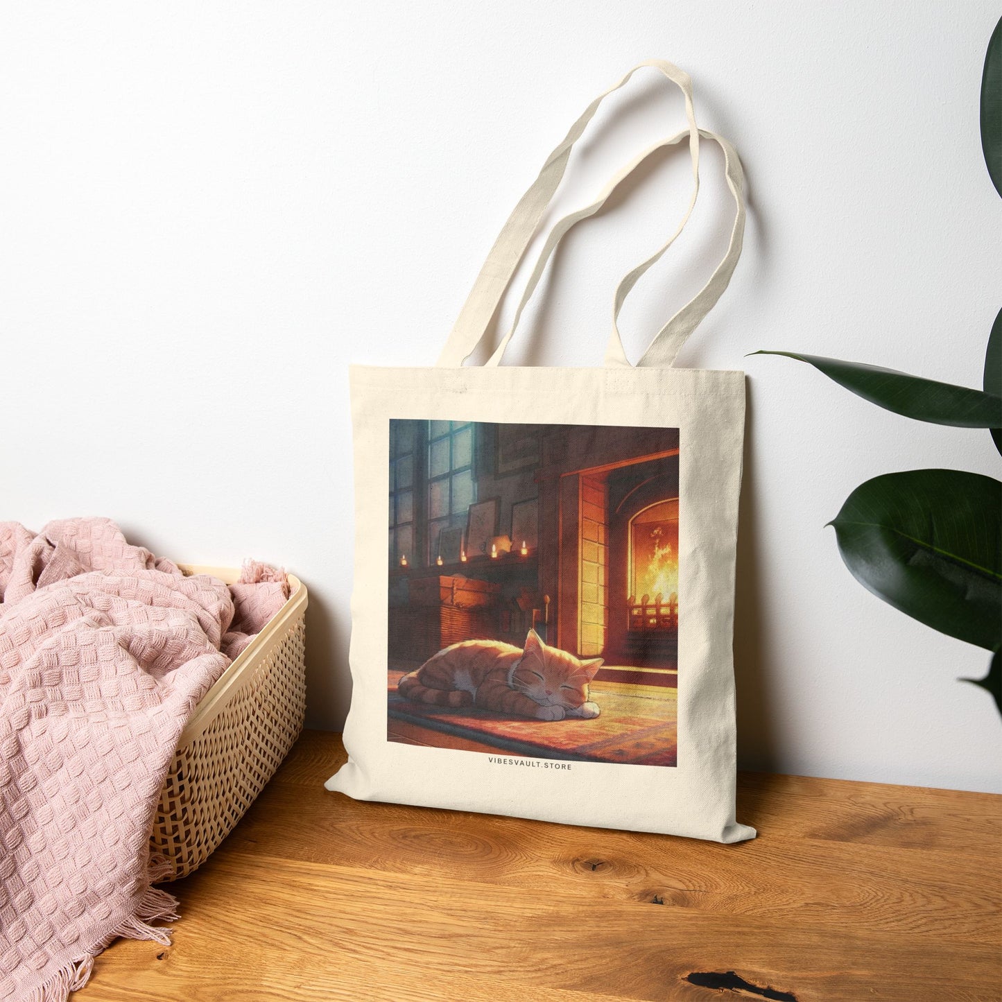 Cozy Fireplace Cat Canvas Tote Bag — 'I Could Stay Here' Autumn Bookbag