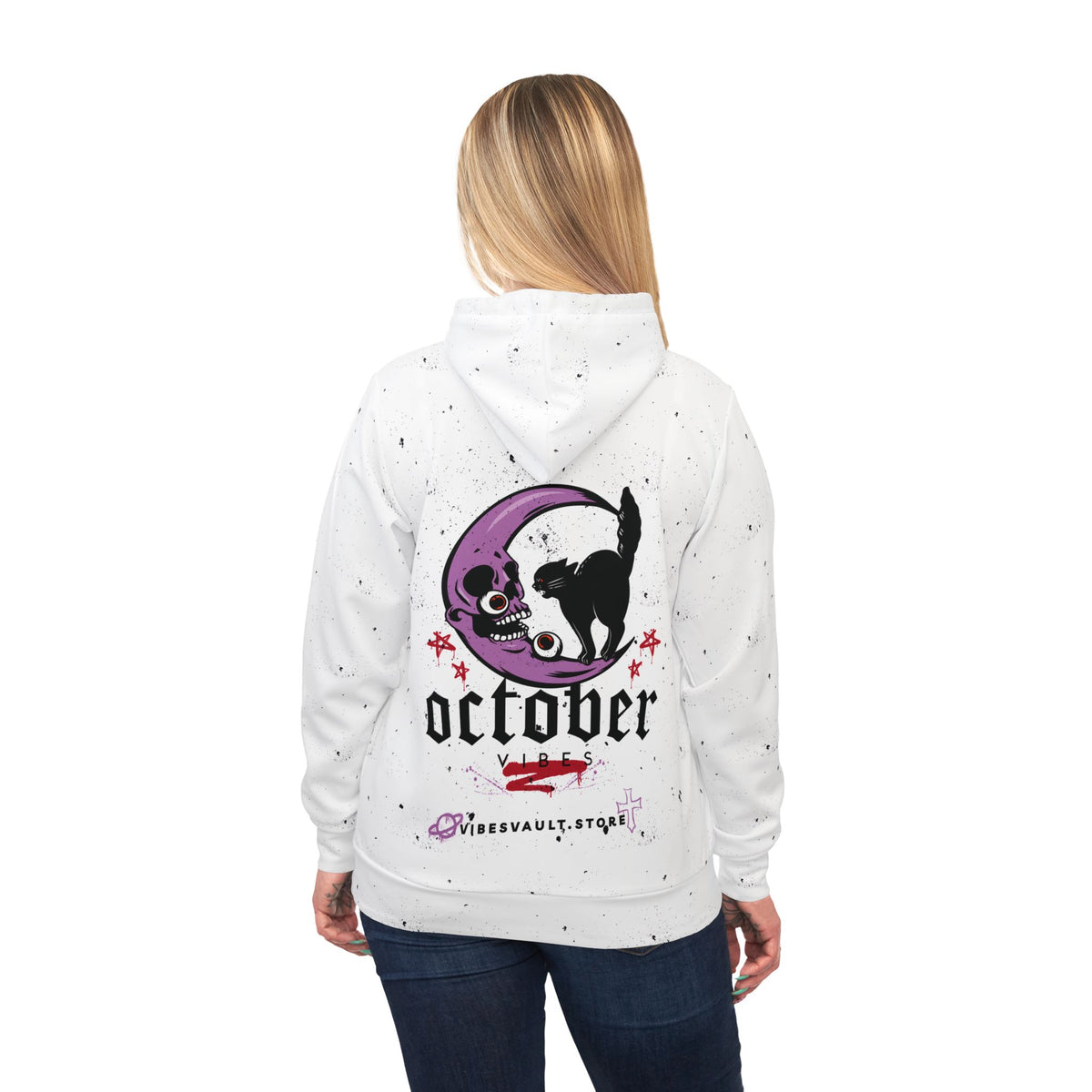 October Skull & Cat Hoodie — Halloween Moon Graphic Athletic Hoodie