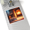 Cozy Fireplace Cat Sticker — Sleepy Tabby by the Hearth (Kiss-Cut)