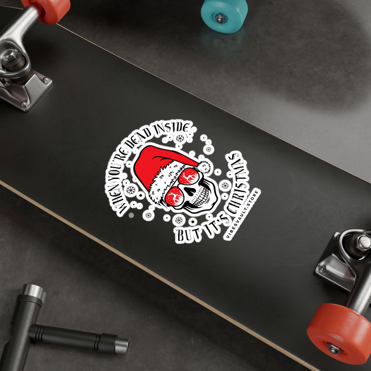 Gothic Christmas Skull Sticker — "When You're Dead Inside But It's Christmas" Vinyl Decal