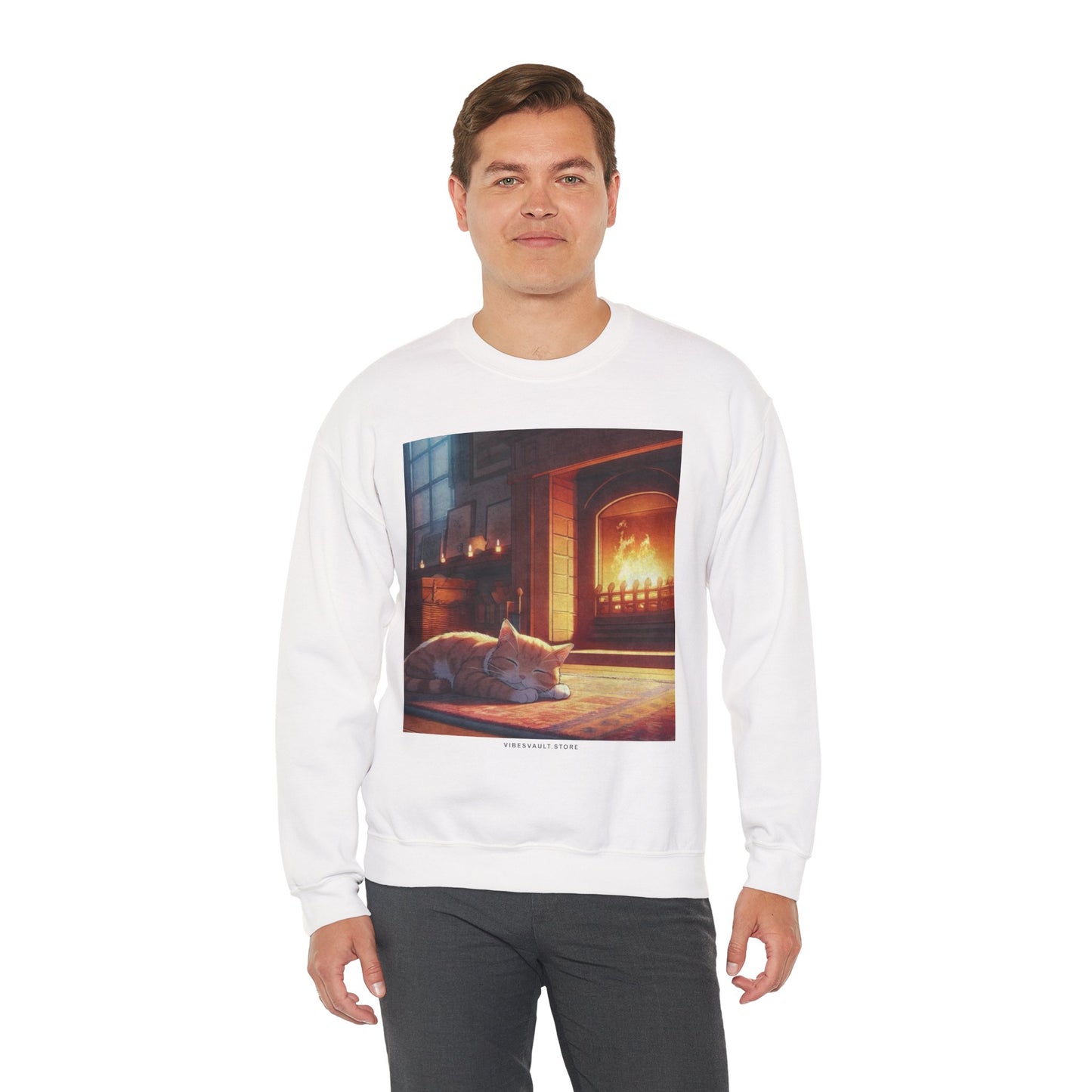 Crewneck Sweatshirt — Cozy Cat by the Fireplace Graphic
