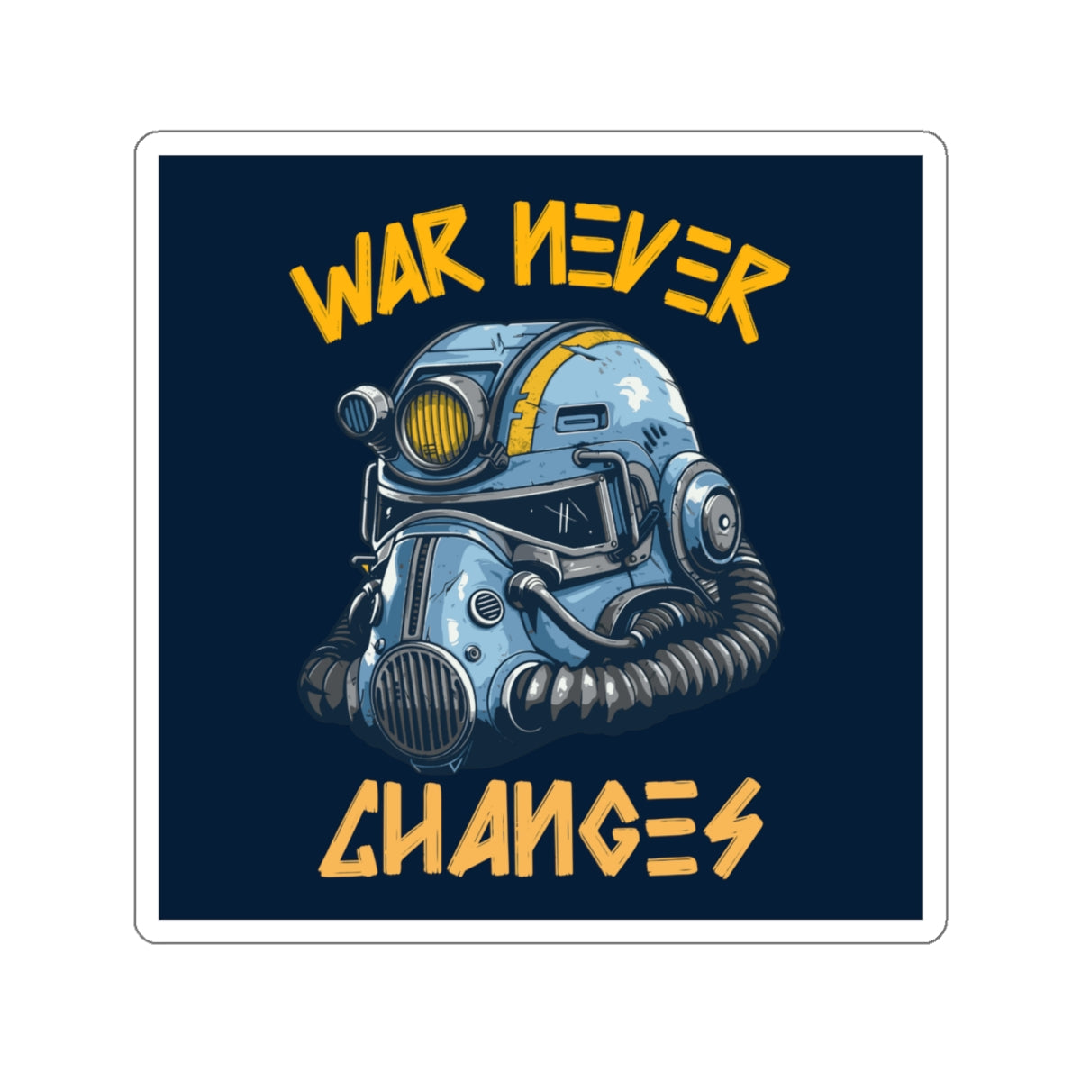 Die-Cut Sticker — Fallout Retro Power Armor Helmet with “War Never Changes” Quote