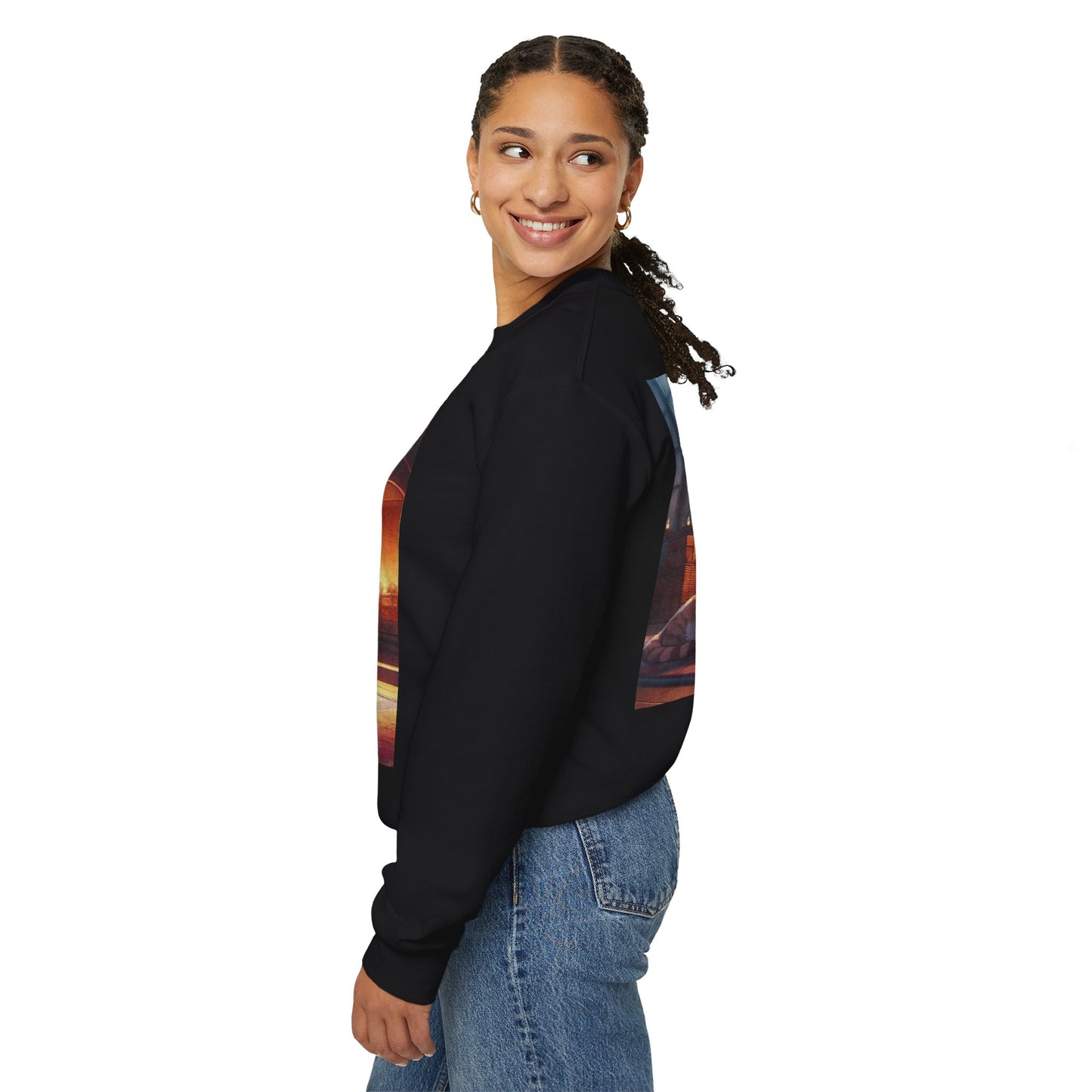 Crewneck Sweatshirt — Cozy Cat by the Fireplace Graphic