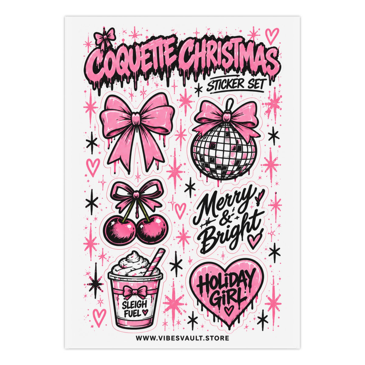 Coquette Christmas Sticker Sheet – Pink Holiday Bows, Ornaments & Merry and Bright Designs