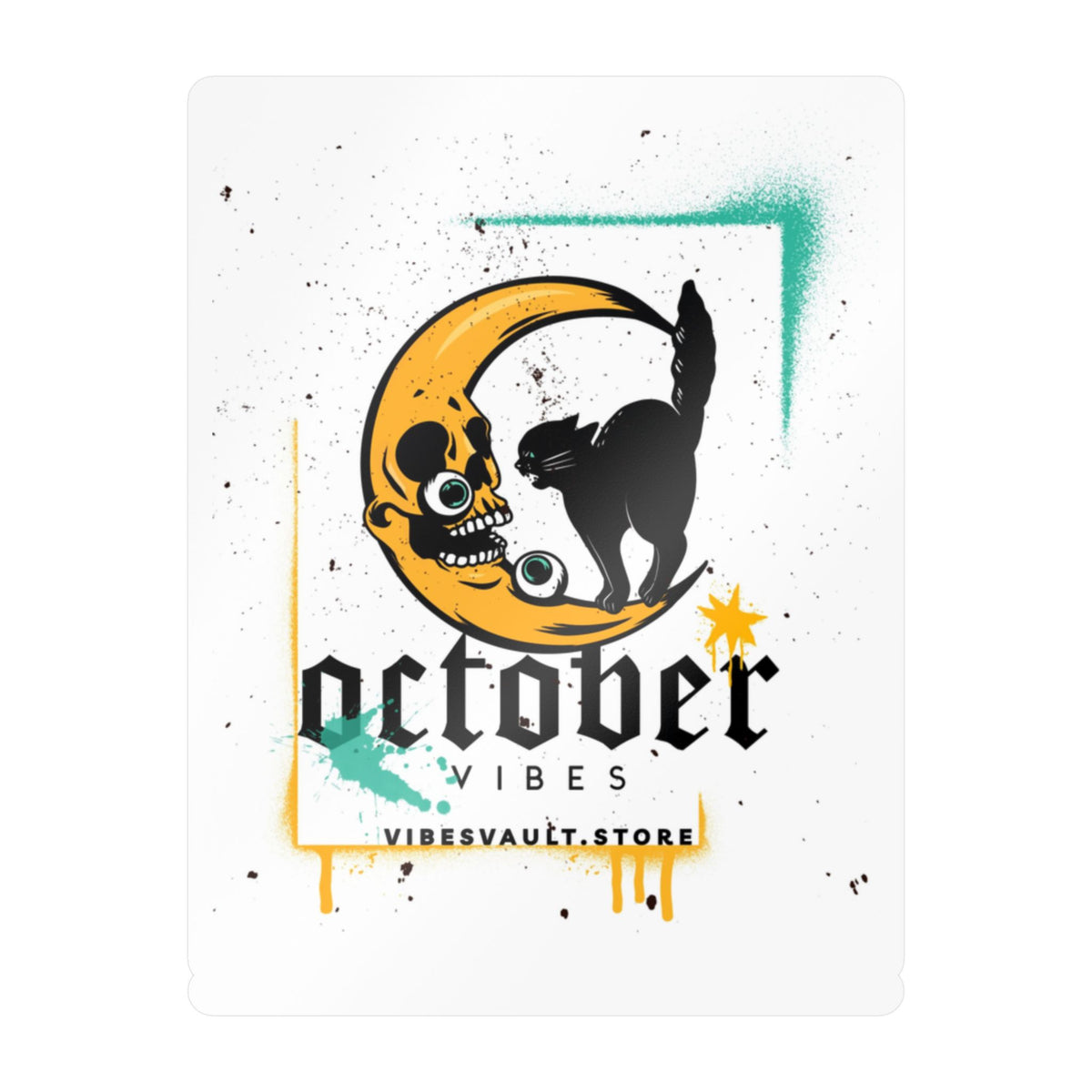 October Vibes Kiss-Cut Vinyl Sticker — Gothic Moon Cat Fall Decal— Halloween 2026