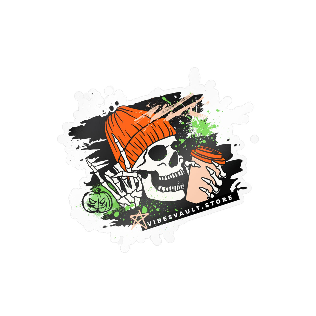 Skull Coffee Sticker — Halloween Skull with Beanie & Pumpkin Kiss-Cut Vinyl Decal— Halloween 2026
