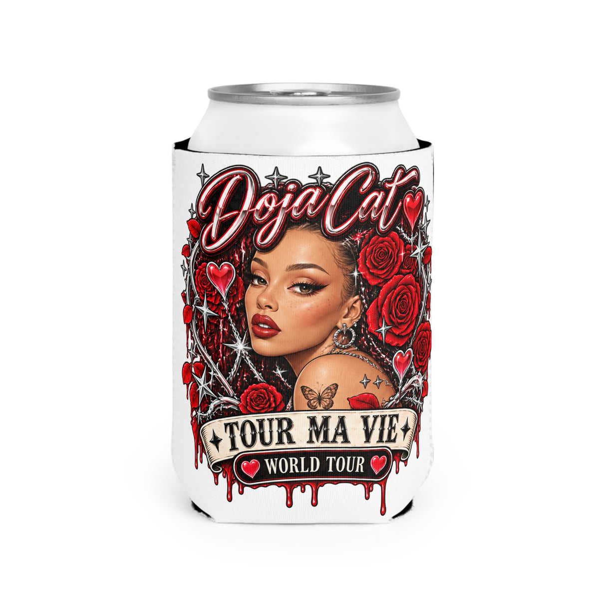 Red Roses Chrome Portrait Can Cooler Sleeve