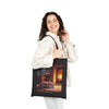 Cozy Fireplace Cat Canvas Tote Bag — 'I Could Stay Here' Autumn Bookbag