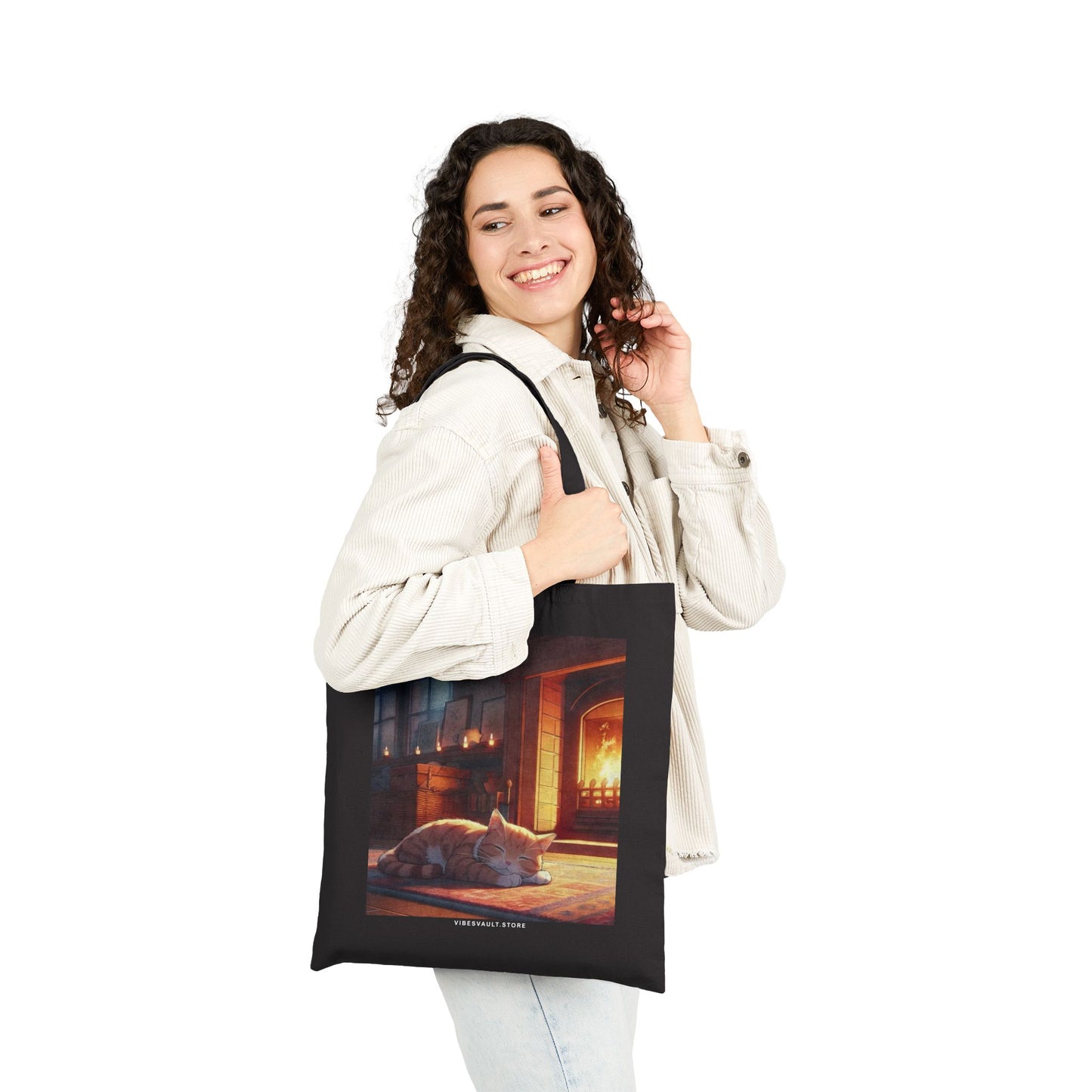 Cozy Fireplace Cat Canvas Tote Bag — 'I Could Stay Here' Autumn Bookbag