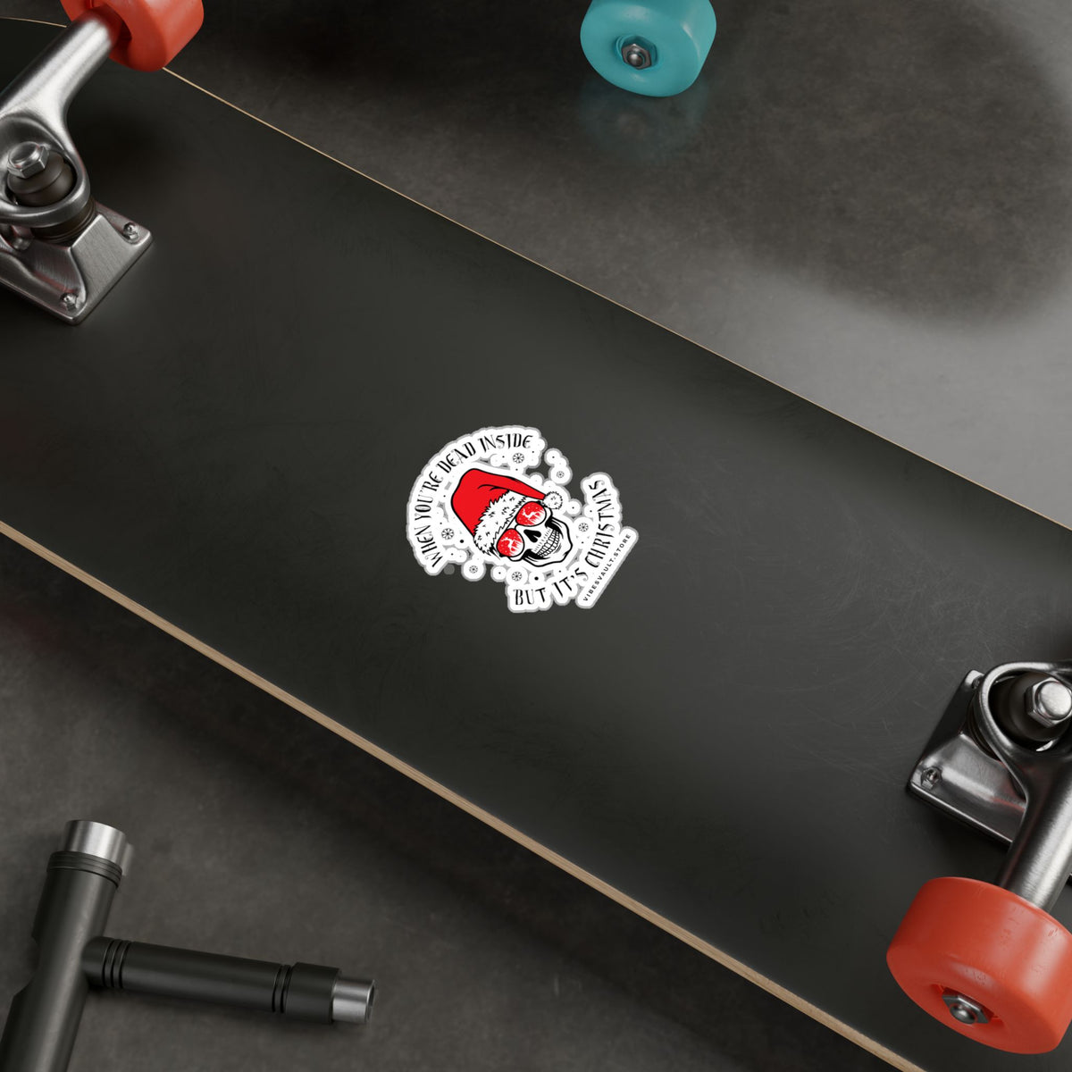 Gothic Christmas Skull Sticker — "When You're Dead Inside But It's Christmas" Vinyl Decal