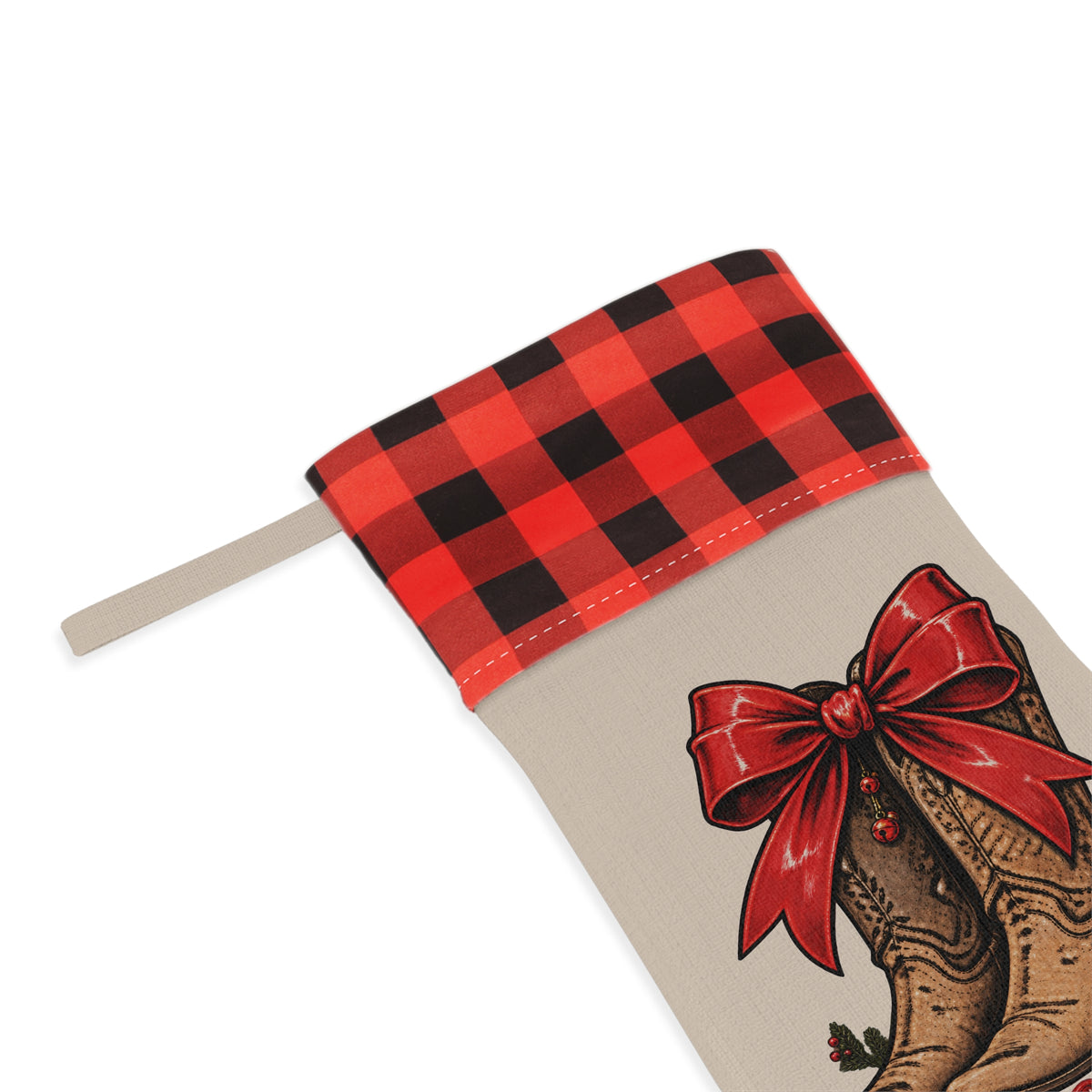 Cowboy Boots Christmas Stocking — Buffalo Plaid Cuff, "Merry Christmas"
