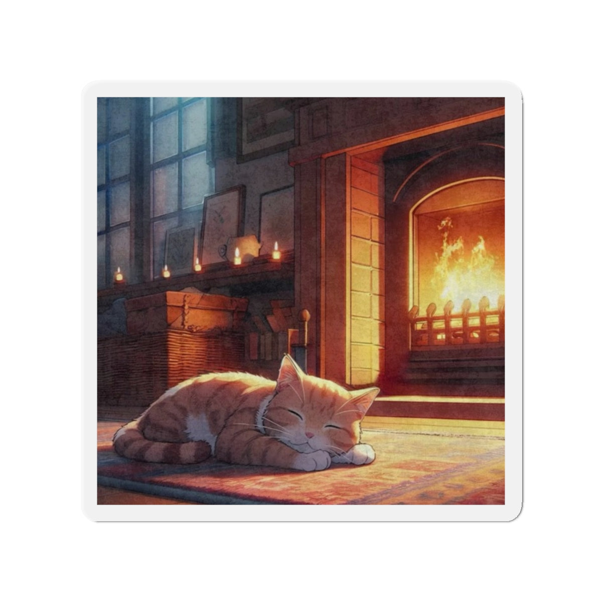 Cozy Fireplace Cat Die-Cut Magnet — Sleeping Kitten Home Décor