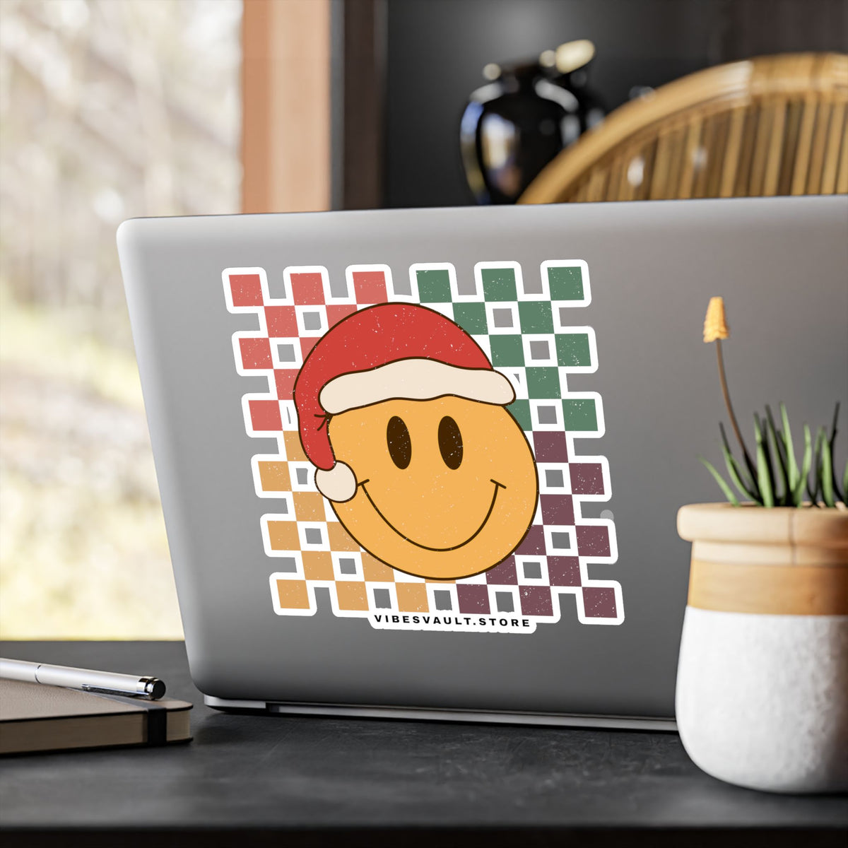 Christmas Smile Sticker — Retro Smiley Face Kiss-Cut Vinyl Decal