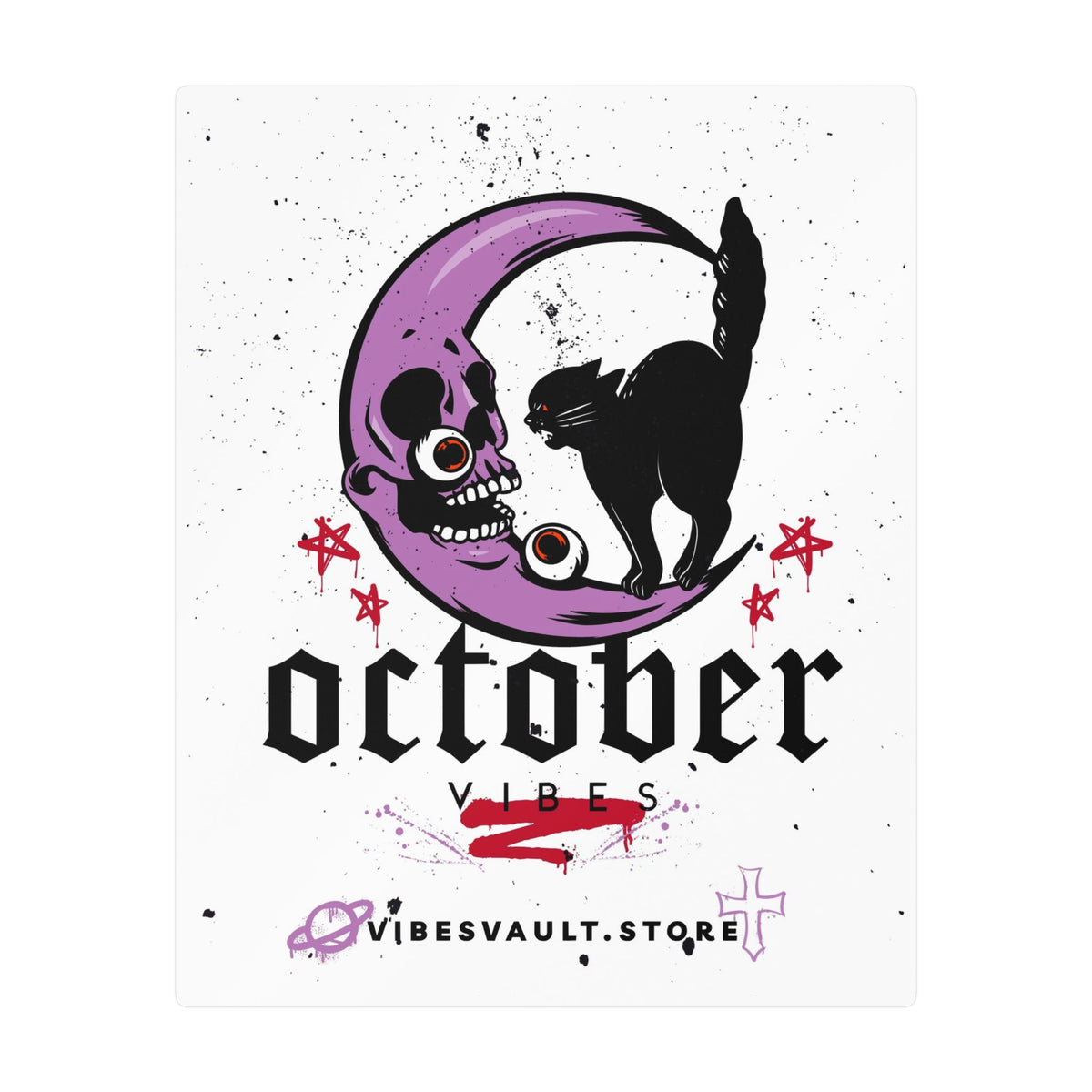 October Vibes Kiss-Cut Vinyl Decal — Halloween Moon Cat Skull Sticker