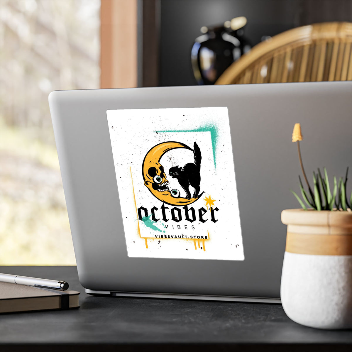 October Vibes Kiss-Cut Vinyl Sticker — Gothic Moon Cat Fall Decal— Halloween 2026