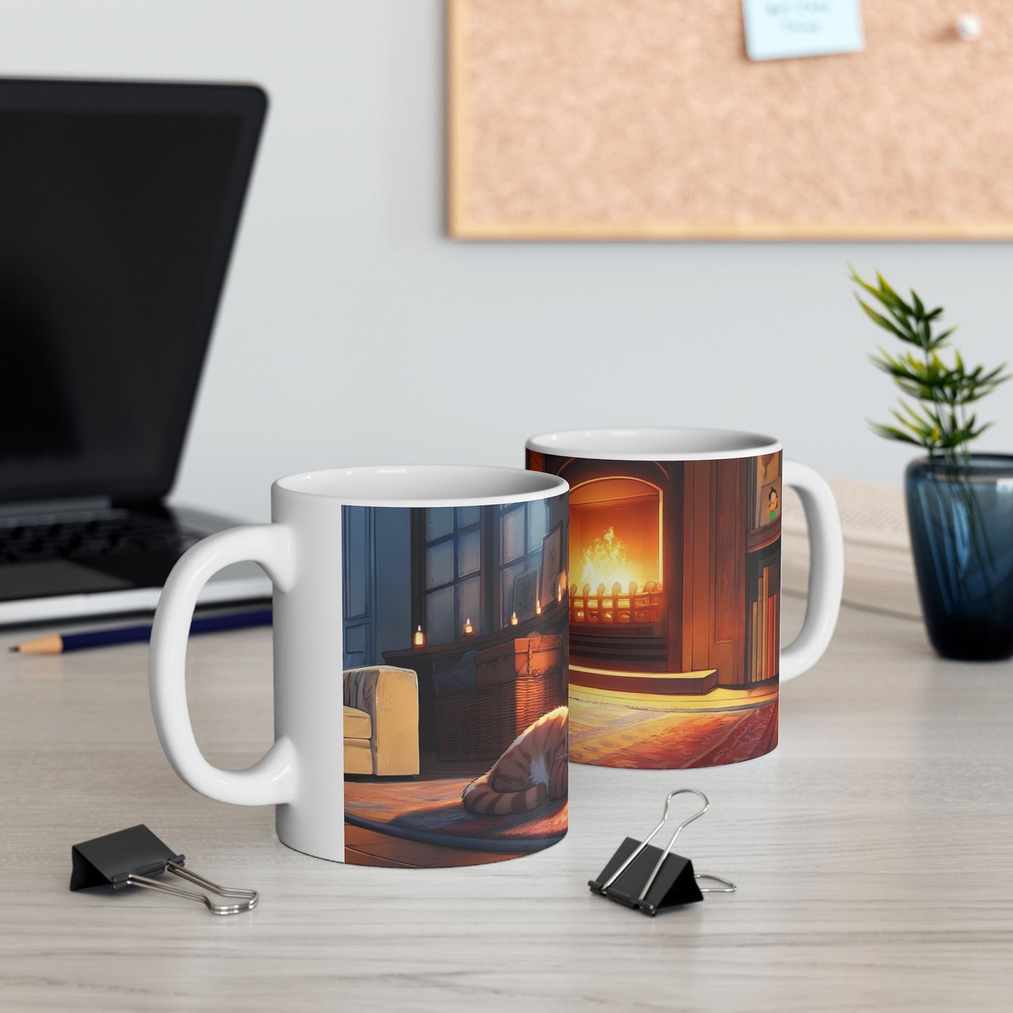 Cozy Fireplace Cat Mug – Ceramic Coffee Cup (11oz/15oz)