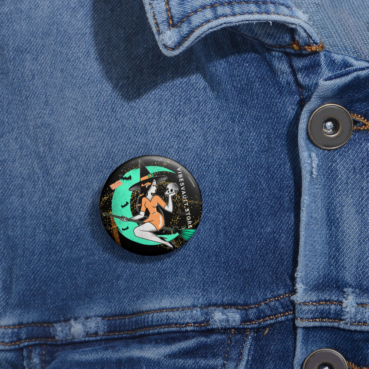 Witch Flying Broom - Orange and Green Stars Magic - Dracula Pin Badge - Fall Halloween 2026