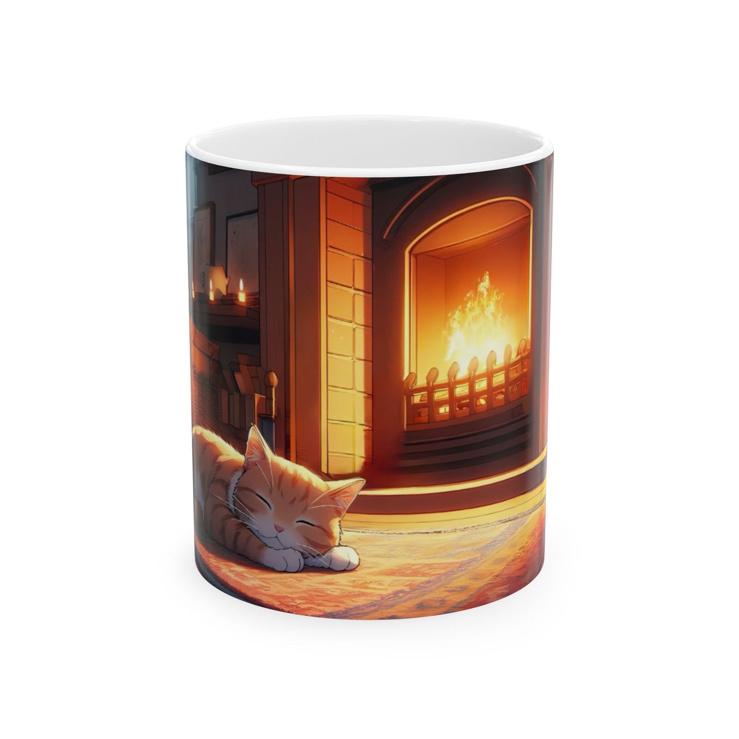 Cozy Fireplace Cat Mug – Ceramic Coffee Cup (11oz/15oz)