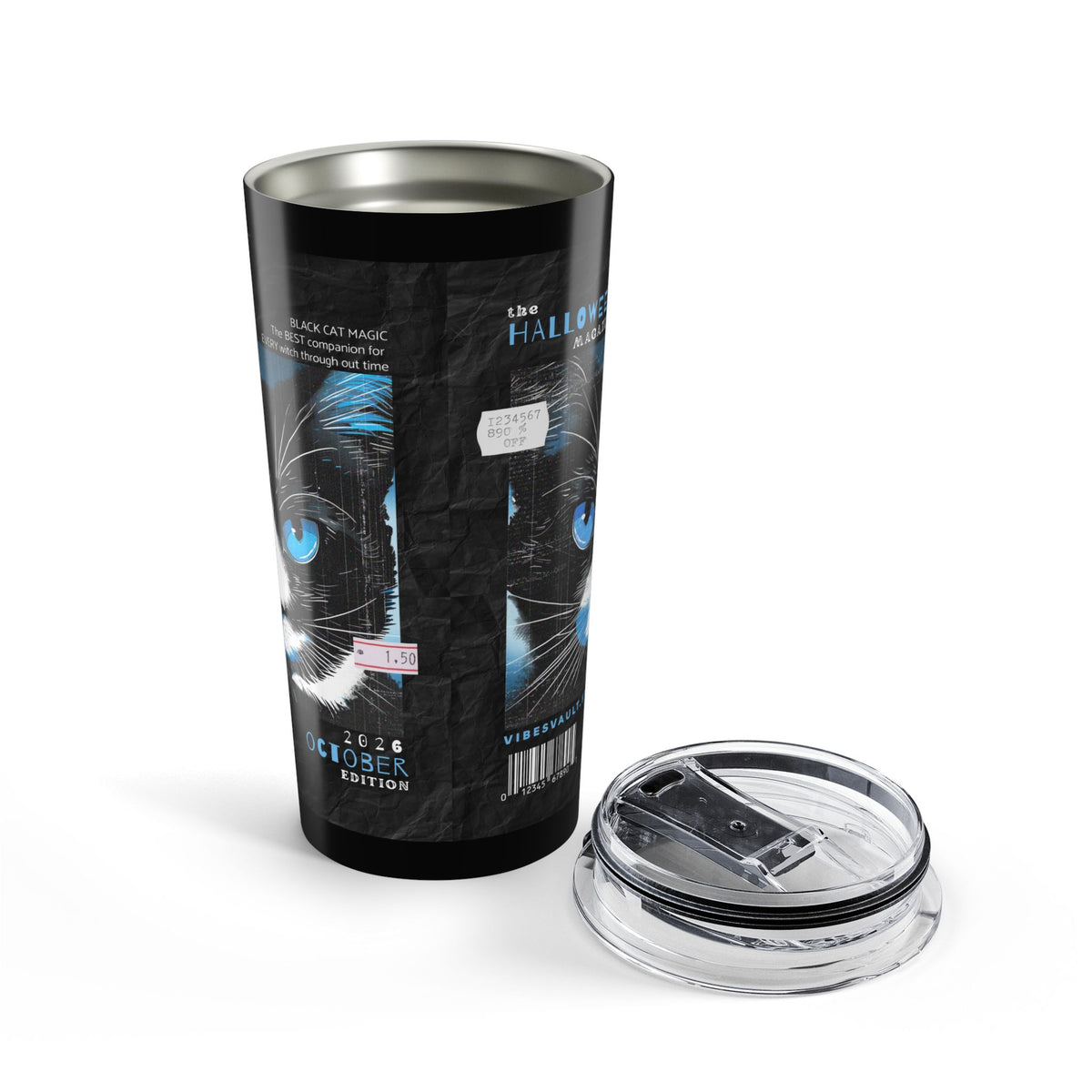 Black Cat Poster 20oz Insulated Tumbler — Blue-Eyed Halloween Movie Night Design— Halloween 2026