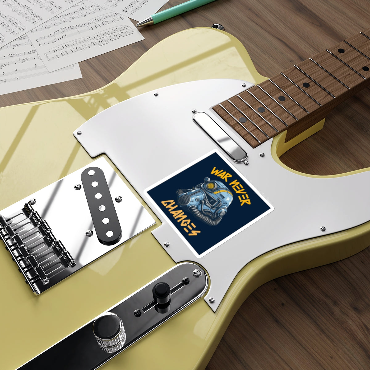 Die-Cut Sticker — Fallout Retro Power Armor Helmet with “War Never Changes” Quote