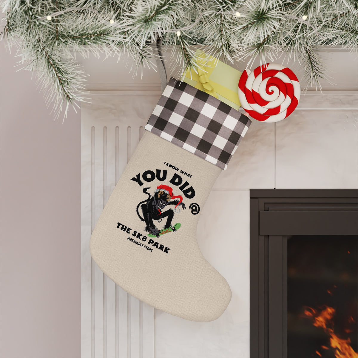 Skatepark Santa Christmas Stocking - 'You Did @ The SK8 Park' Plaid Cuff Holiday Stocking