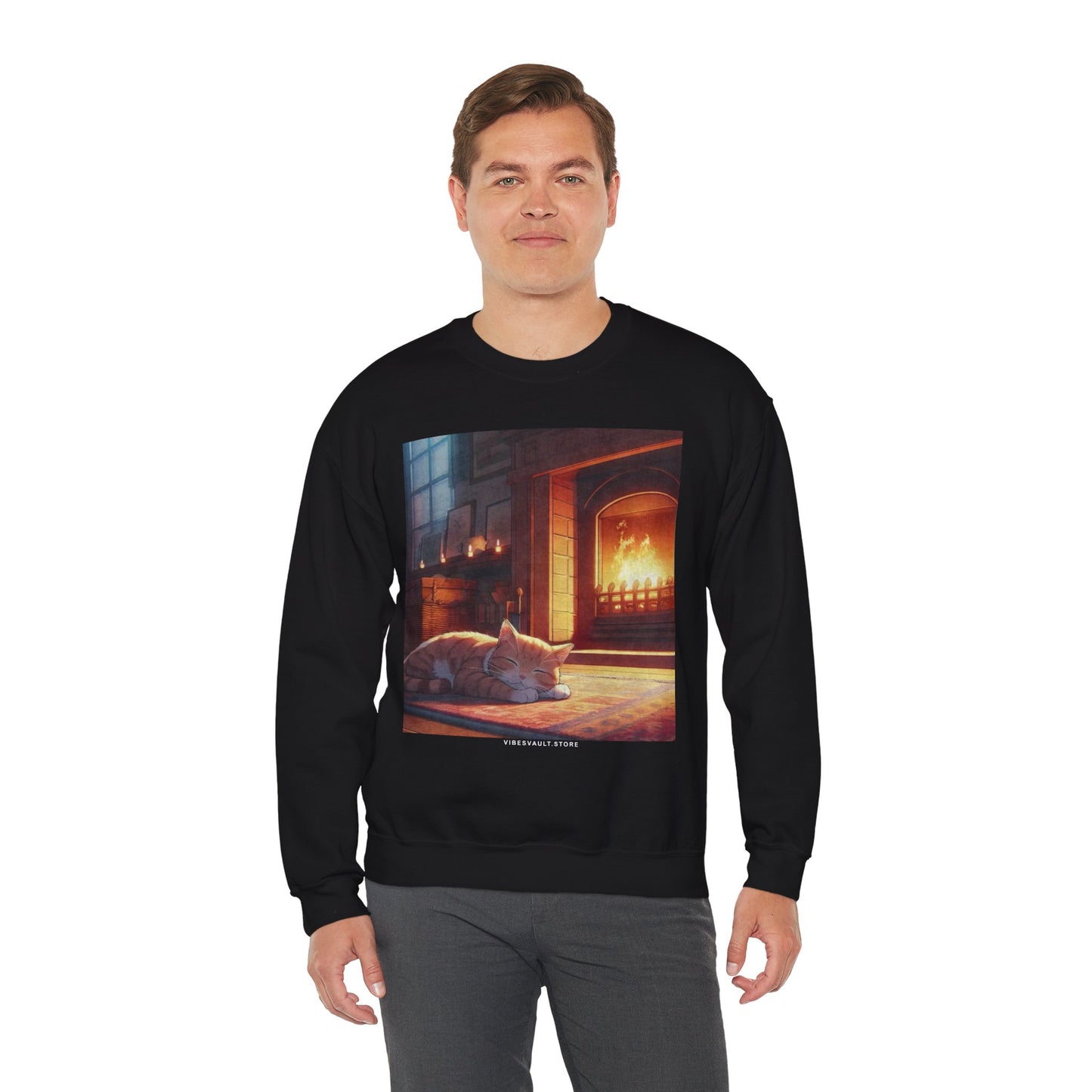 Crewneck Sweatshirt — Cozy Cat by the Fireplace Graphic