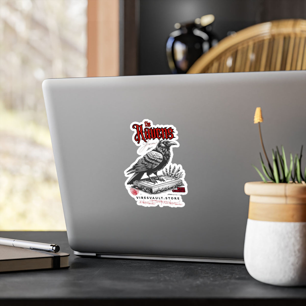 Ravens Kiss-Cut Vinyl Decal — Gothic Crow Sticker with Grim Book Reader