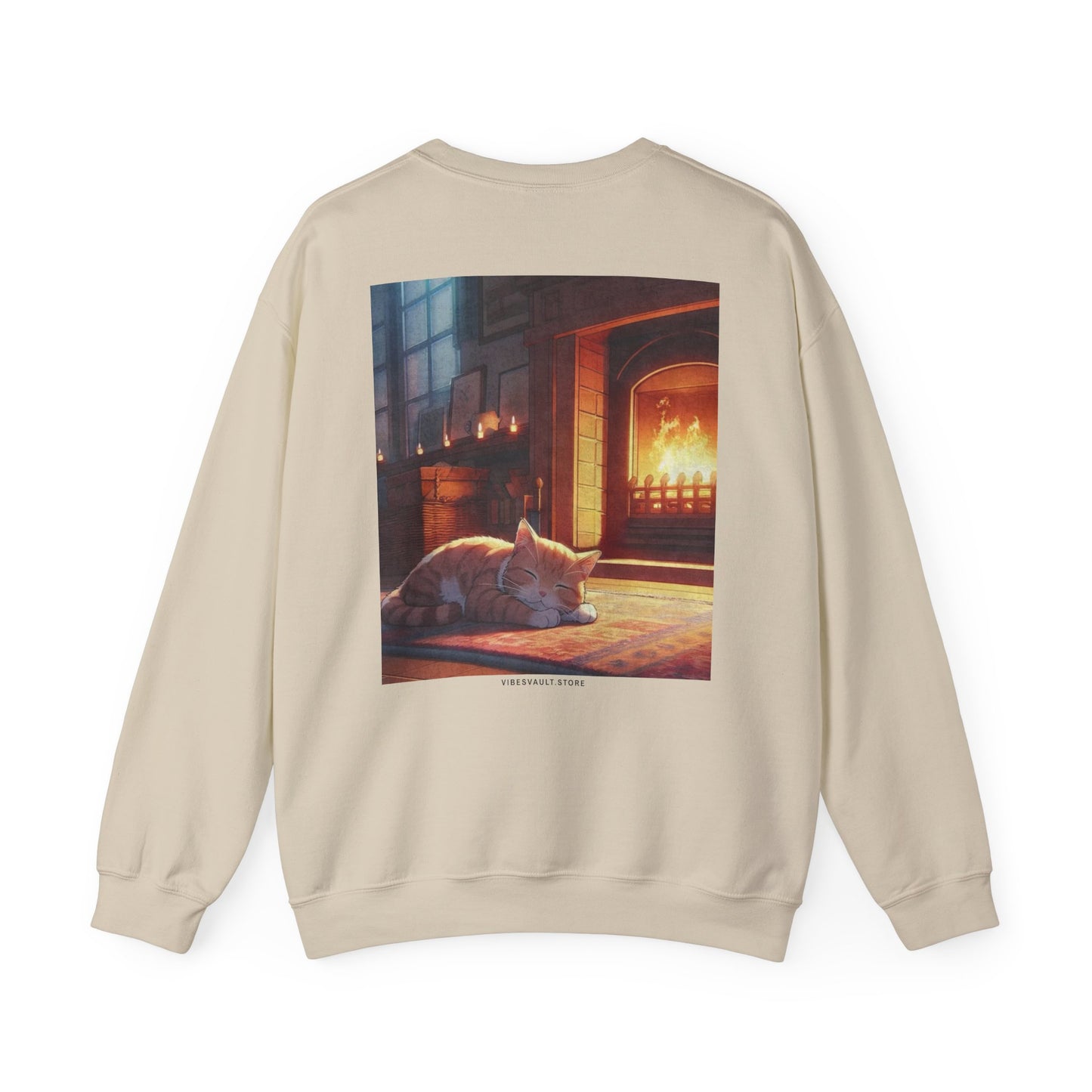 Crewneck Sweatshirt — Cozy Cat by the Fireplace Graphic