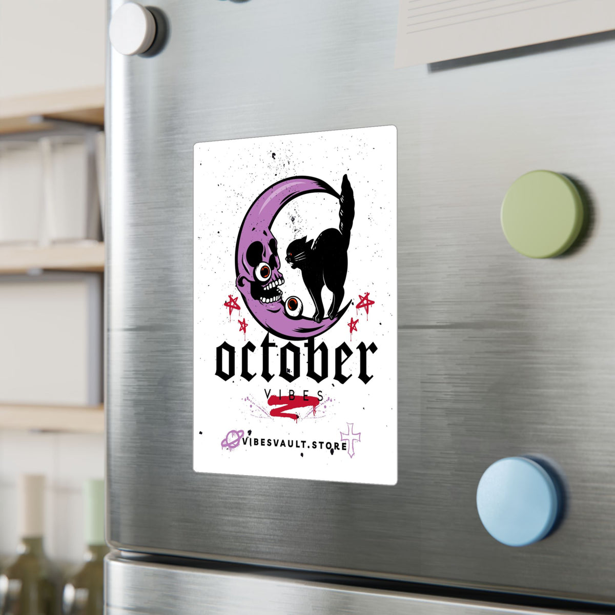 October Vibes Kiss-Cut Vinyl Decal — Halloween Moon Cat Skull Sticker