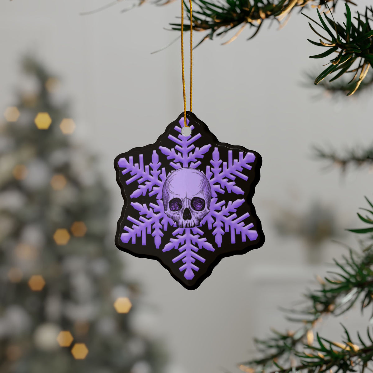 Skull Snowflake Ceramic Ornament — Gothic Purple Holiday Decoration