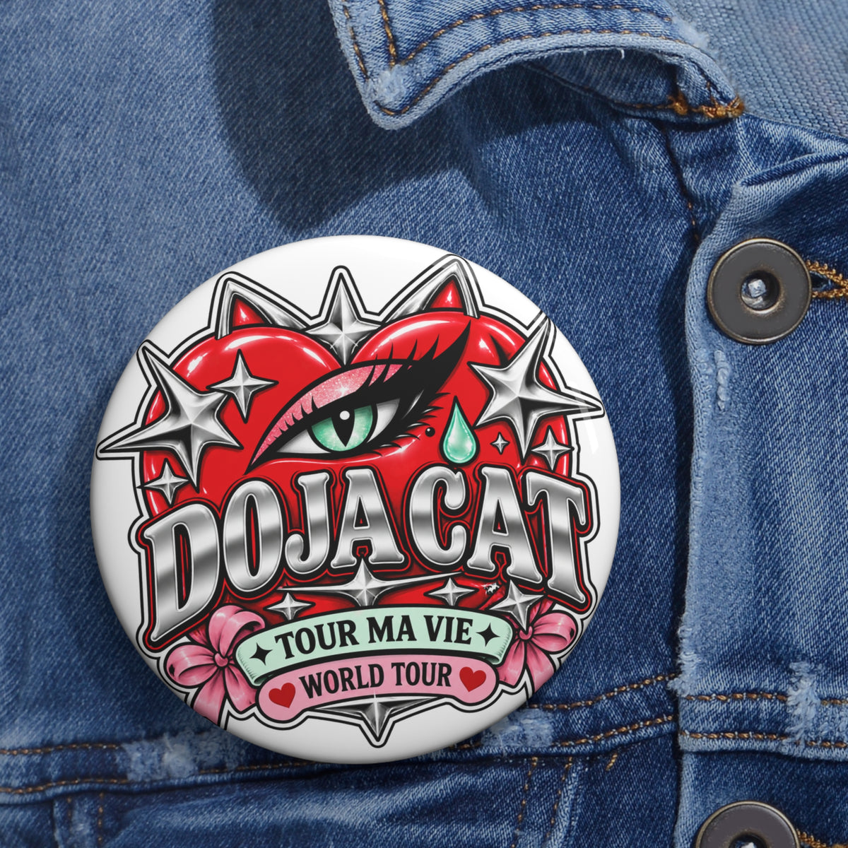 Red Heart Chrome Eye Custom Pin Buttons