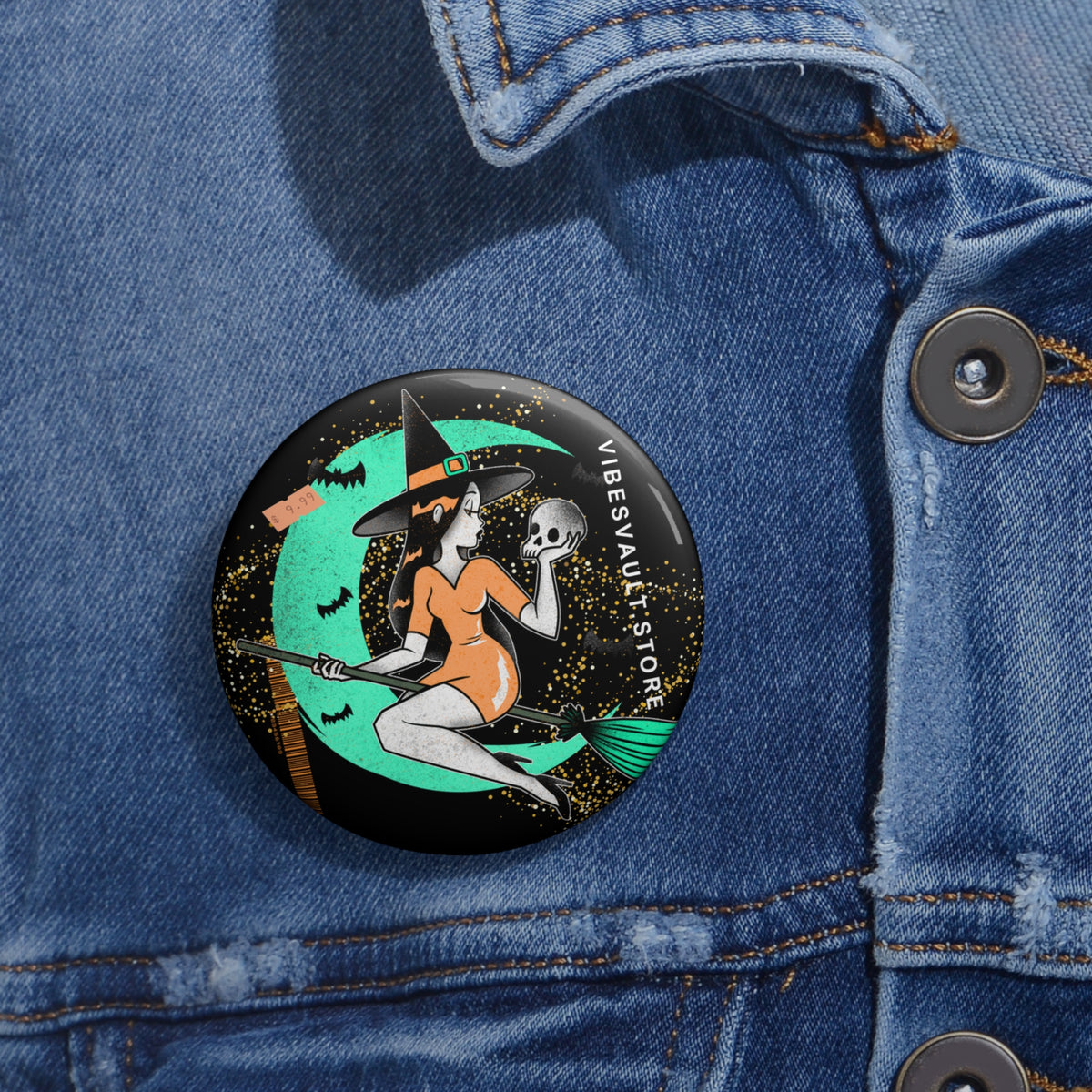 Witch Flying Broom - Orange and Green Stars Magic - Dracula Pin Badge - Fall Halloween 2026