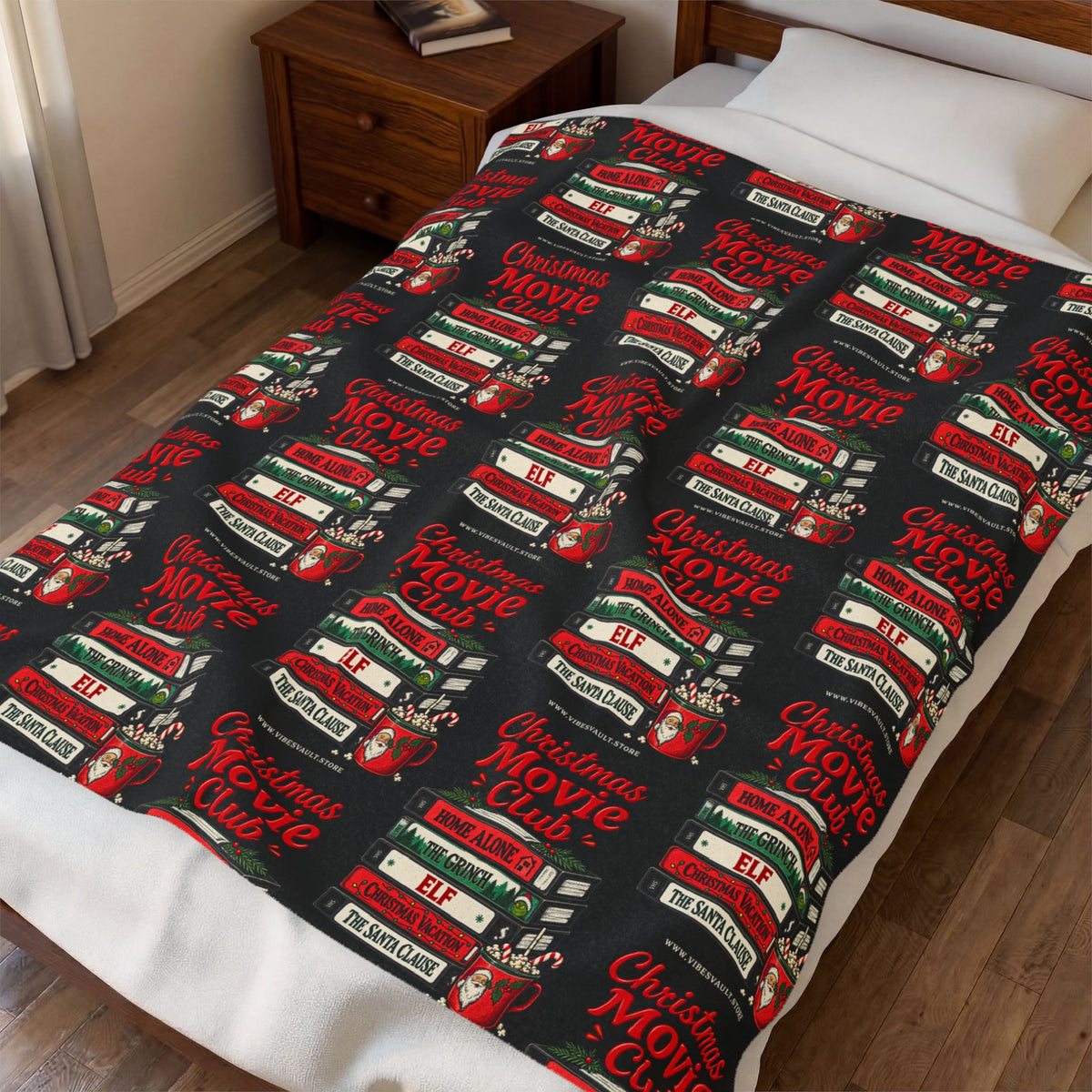 Velveteen Plush Blanket — Christmas Movie Club VHS Pattern Holiday Throw