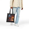 Cozy Fireplace Cat Canvas Tote Bag — 'I Could Stay Here' Autumn Bookbag