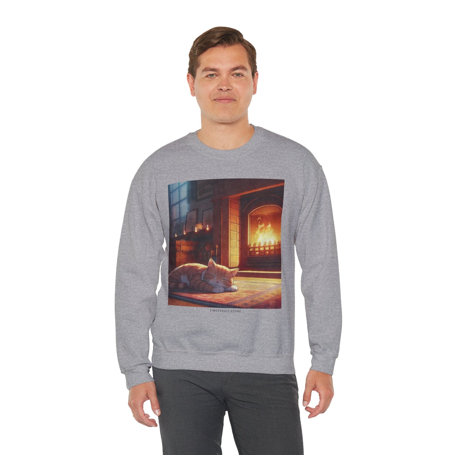 Crewneck Sweatshirt — Cozy Cat by the Fireplace Graphic