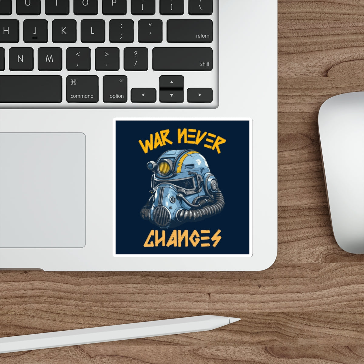 Die-Cut Sticker — Fallout Retro Power Armor Helmet with “War Never Changes” Quote