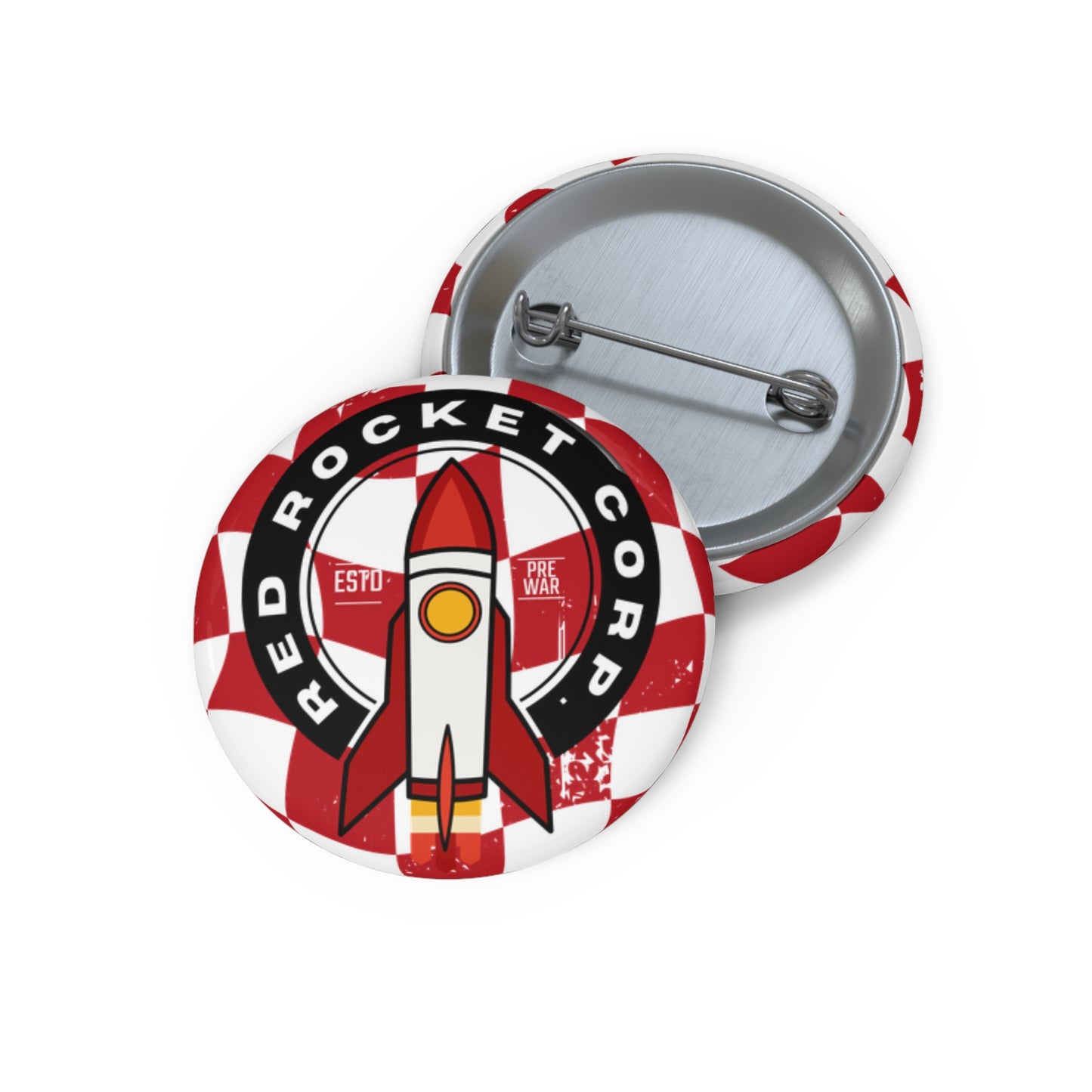 Red Rocket Corp Fallout Round Pin Button — Retro Space Rocket Video Game Badge