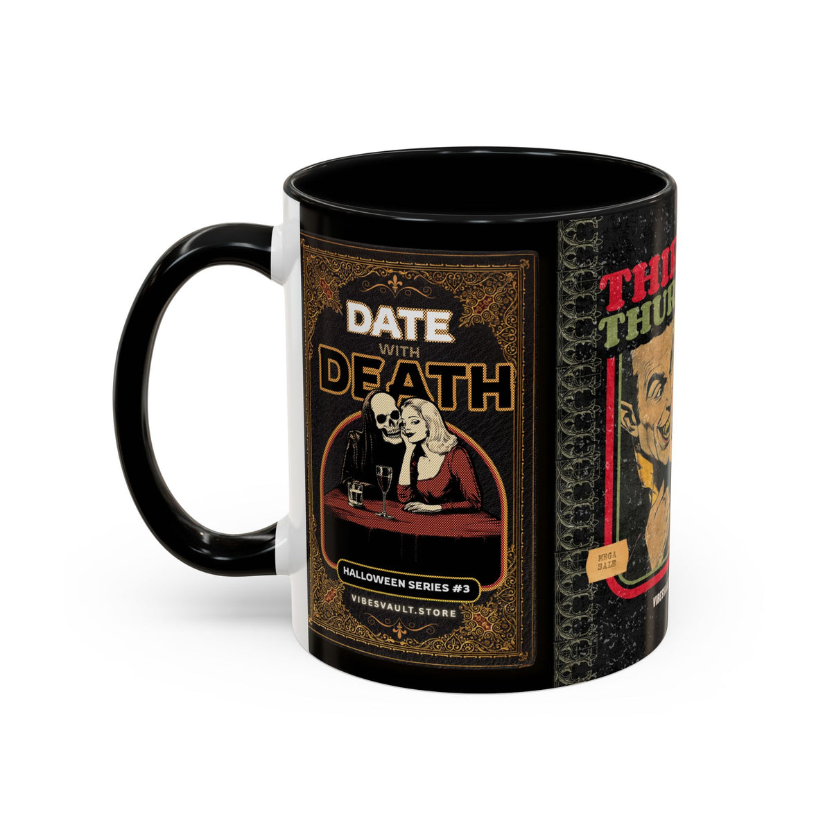 3 Book Covers Retro Vampire, Death and Black Cats Mug — Two-Tone Accent 11/15oz - Fall Halloween 2026