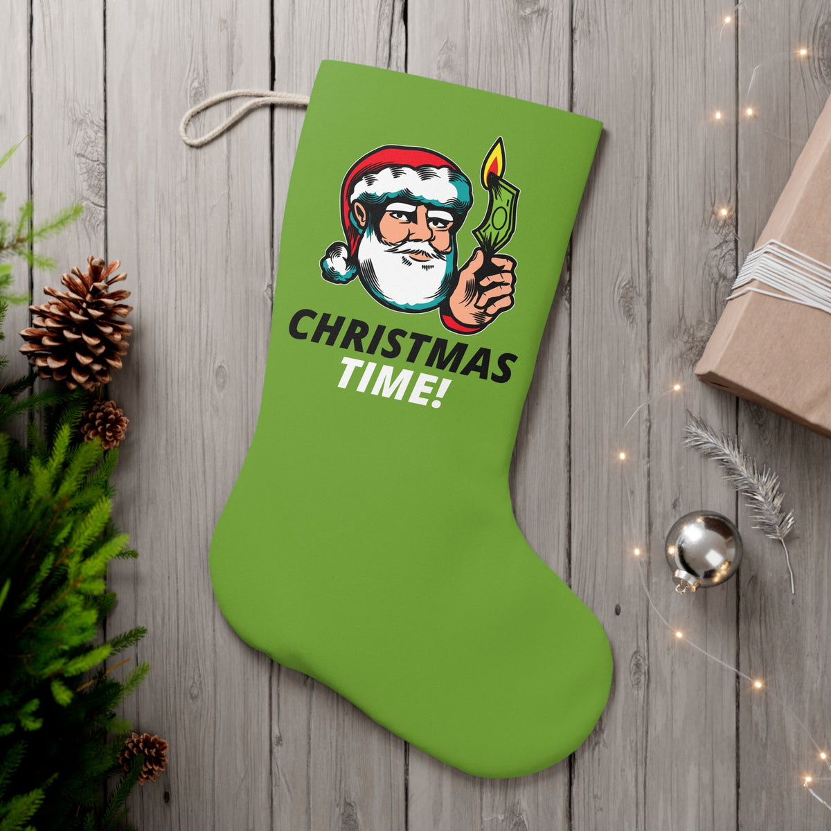HOLIDAY Santa Burning Money Santa Stocking