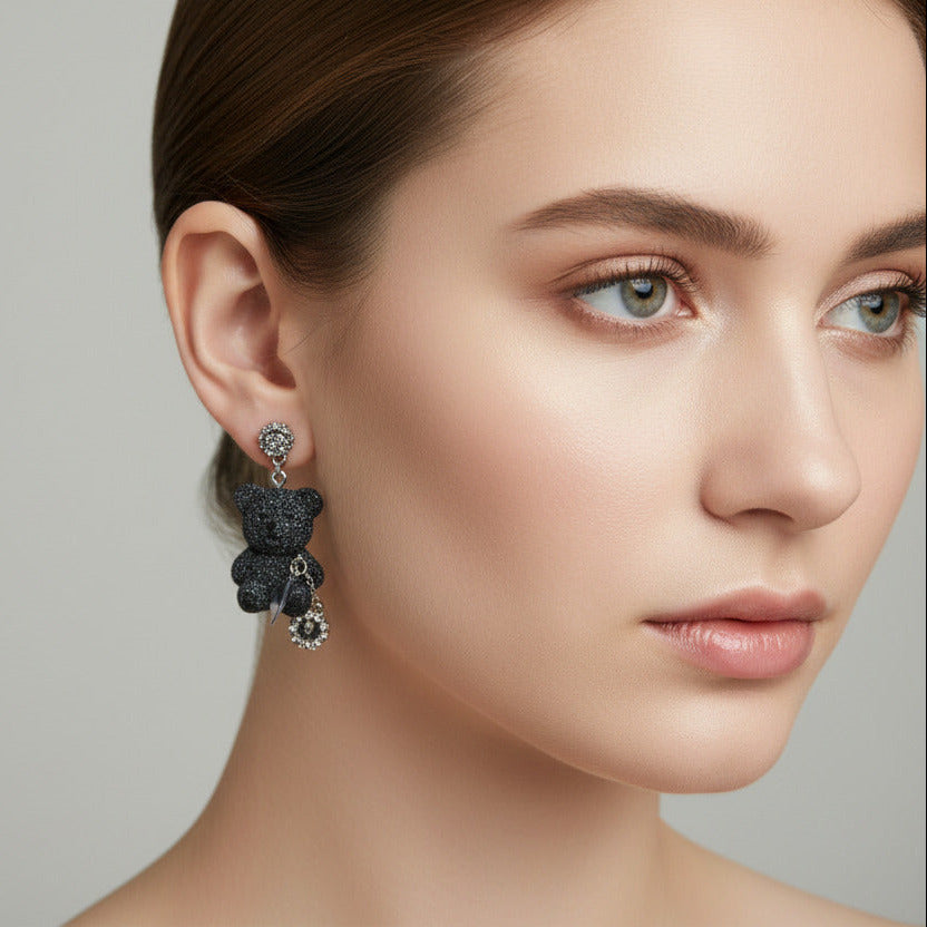 🐻 Black Teddy Bear Stud Earrings with Spikes