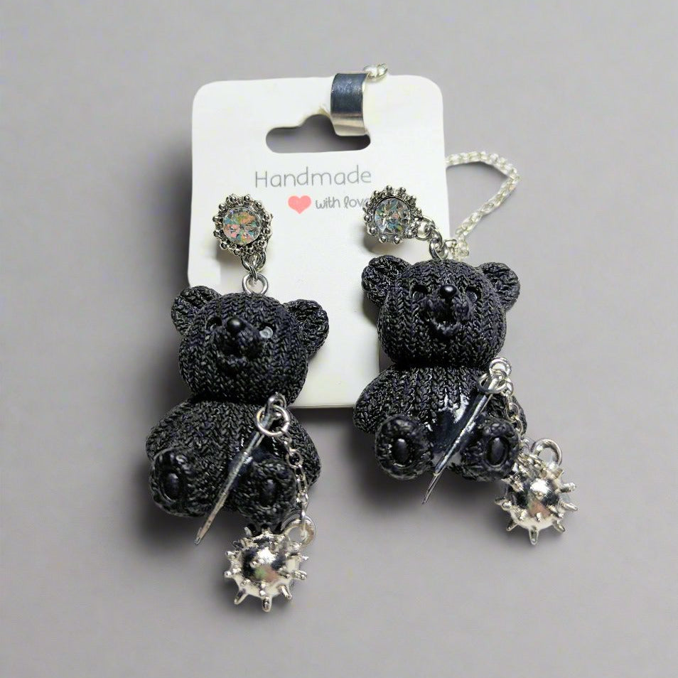 🐻 Black Teddy Bear Stud Earrings with Spikes