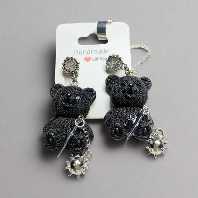 🐻 Black Teddy Bear Stud Earrings with Spikes