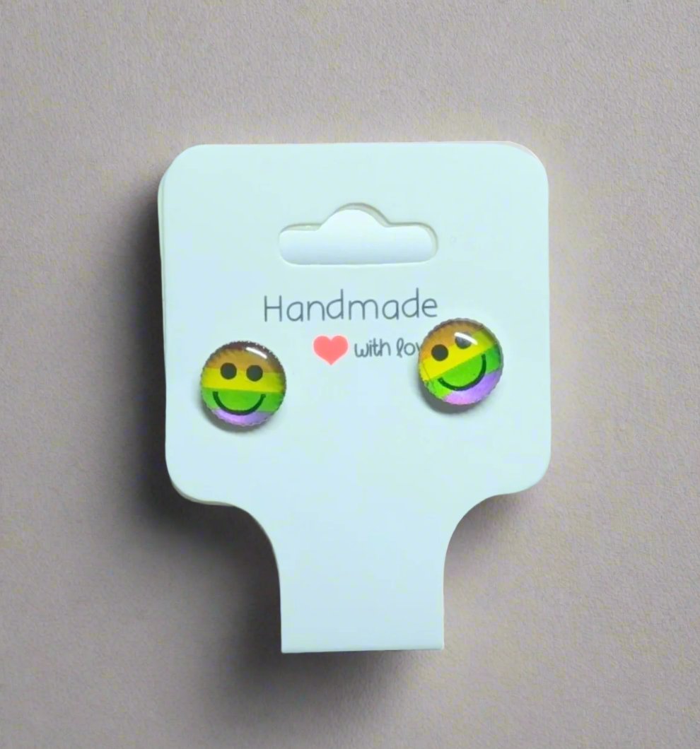 🌈 Rainbow Smiley Face Circle Stud Earrings