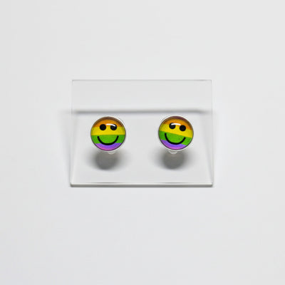 🌈 Rainbow Smiley Face Circle Stud Earrings
