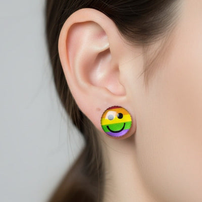 🌈 Rainbow Smiley Face Circle Stud Earrings