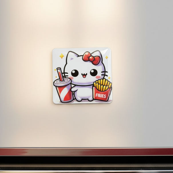 French Fries Soda Cat Set Magnet and Rainbow Glitter Sticker