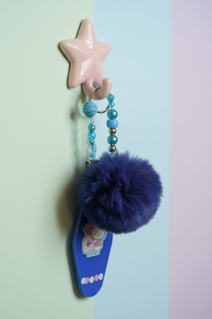 Blue Pompom Kawaii Cat Keychain